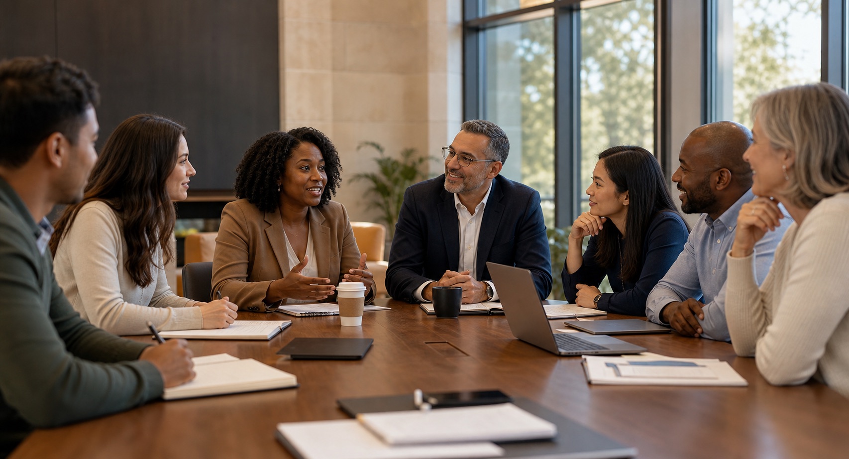 College alumni and institutional leaders meeting around a conference table